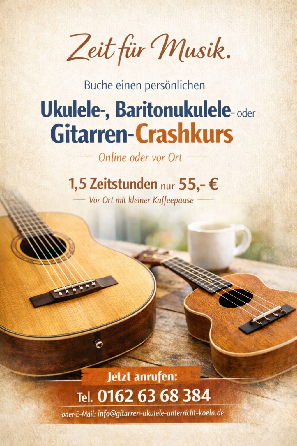 Zeit für Musik. Plakat für einen persönlichen Ukulele-, Baritonukulele- oder Gitarren-Crashkurs. Zeit für Musik. Plakat für einen persönlichen Ukulele-, Baritonukulele- oder Gitarren-Crashkurs.